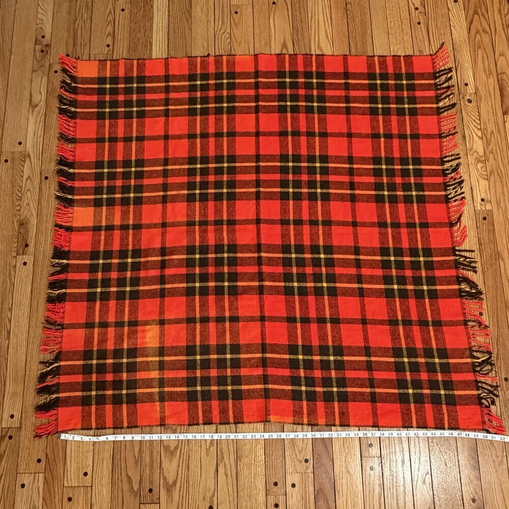 Vintage Orange Brown Plaid Wool Blend Throw Blanket Fringe Faribo Style Cabin - Picture 3 of 5